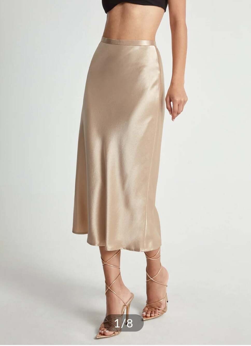 Commense Rose Gold Champagne High Waisted Satin Flowy Midi Skirt Sz XS Feminine
